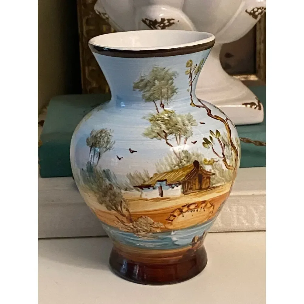Vintage handpainted Spanish vase Cottage scene 20th Century